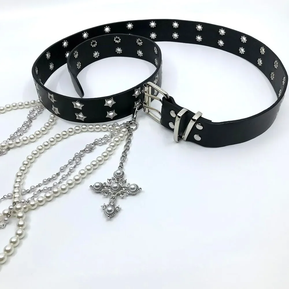 Y2K Goth Black Star Eyelet Faux Pearl Cross Belt, Fits 32–41 Inches, X7GA1227